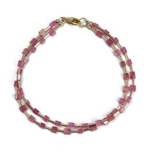 Pink Tourmaline Cube Bead Bracelet with Yellow Gold Filled Accents, Pink Gemstone Bracelet