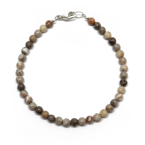 Petoskey Fossil Coral Bracelet, Small 4mm Brown Stone Bracelets, Coral Jewelry