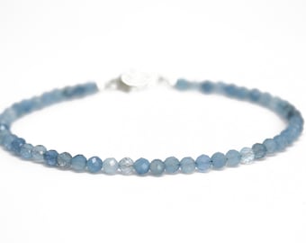 3mm Faceted Aquamarine Bracelet with Sterling Silver or Gold Filled Clasp, Dainty Blue Gemstone Bracelet, March Birthstone Stacking Bracelet