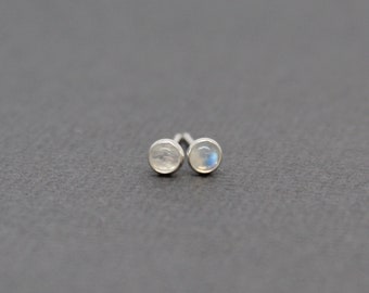 Tiny 3mm Moonstone Stud Earrings set in Sterling Silver or Gold Fill