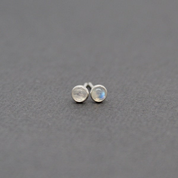 Tiny 3mm Moonstone Stud Earrings set in Sterling Silver or Gold Fill