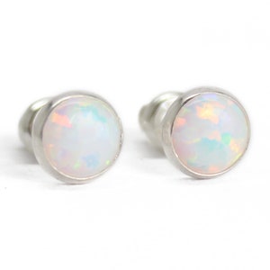 6mm Opal Stud Earrings in 14k Yellow Gold Filled or 925 Sterling Silver, White Opal Studs, Simulated Opal Gemstones