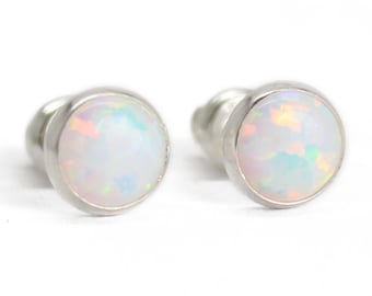 6mm Opal Stud Earrings in 14k Yellow Gold Filled or 925 Sterling Silver, White Opal Studs, Simulated Opal Gemstones