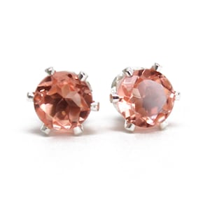 Morganite Earrings, 6mm Prong Set Simulated Morganite Stud Earrings in Sterling Silver, Peach Earrings, Light Pink Gemstone Studs
