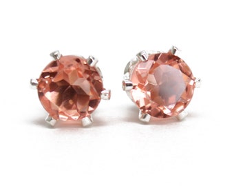 Morganite Earrings, 6mm Prong Set Simulated Morganite Stud Earrings in Sterling Silver, Peach Earrings, Light Pink Gemstone Studs