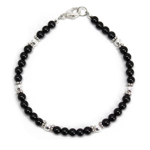Black Onyx and Sterling Silver Bead Bracelet, Small 4mm Black and Silver Beaded Bracelet