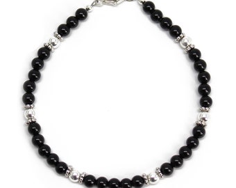 Black Onyx and Sterling Silver Bead Bracelet, Small 4mm Black and Silver Beaded Bracelet