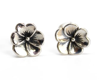 Pansy Flower Sterling Silver Stud Earrings, Small Floral Studs, Gifts for Her