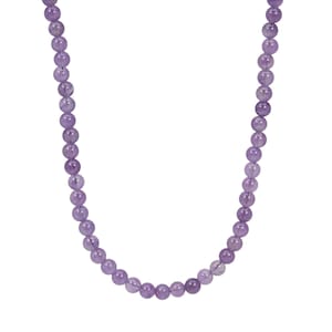 May include: A necklace composed of a single strand of smooth, round, translucent purple amethyst beads. The beads are uniform in size and shape, strung together to form a continuous circular loop against a plain white background.