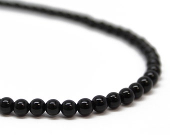 Rang de collier de perles d'onyx noir de 4 mm, longueur sur commande, fermoir en argent sterling ou en or jaune