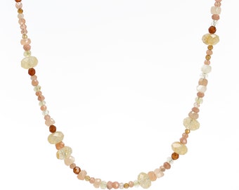 Multi Color Peach Gemstone Necklace with Citrine, Sunstone, Tourmaline,  Single Strand Gemstone Layering Necklace