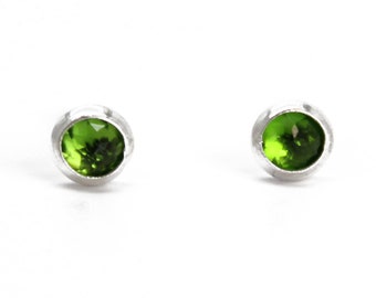 Chrome Diopside Stud Earrings, Tiny 3mm Green Gemstone Studs in Sterling Silver, Perfect for Second Holes, Minimalist Modern Earrings