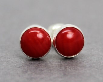 6mm Red Coral Stud Earrings, Small Red Studs, Coral Earrings, Red Coral Jewelry