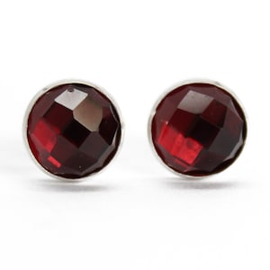 8mm Red Garnet Studs Bezel Set in Sterling Silver, Red Gemstone Stud Earrings, Garnet Earrings, Garnet Jewelry, January Birthstone