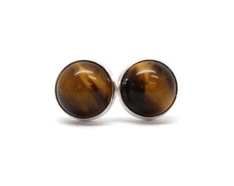 6mm Tigers Eye Stud Earring in Sterling Silver or 14k Yellow Gold Filled, Small Brown Studs, Tigers Eye Jewelry, Minimalist Earrings