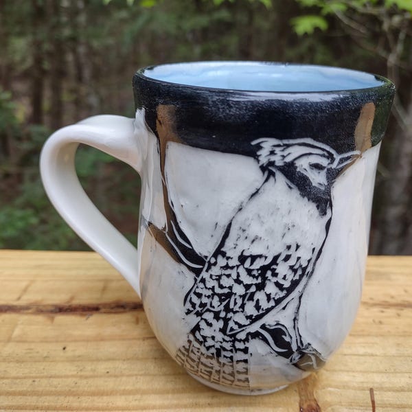 Bluejay Porcelain Mug, Sgraffito Carved Design