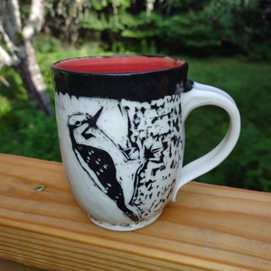 Downy Woodpecker Mug: Carved Porcelain, Sgraffito Design