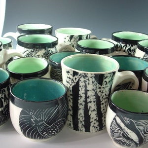 Two Handmade Porcelain Mugs: Carved Design, Custom Colors