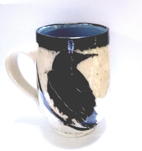 Sgraffito Raven Mug: Carved Black Porcelain, Celadon Interior