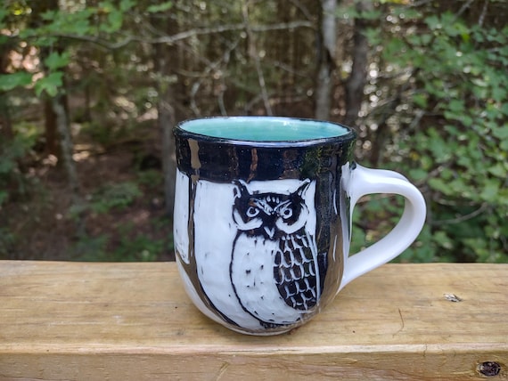 Carved Owl Porcelain Mug: Wheelthrown Sgraffito Design