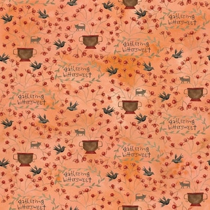 May include: A seamless pattern featuring a repeating design of orange branches with red berries, black birds, brown teacups, and black cats. The text "gathering bittersweet" is repeated throughout the pattern.