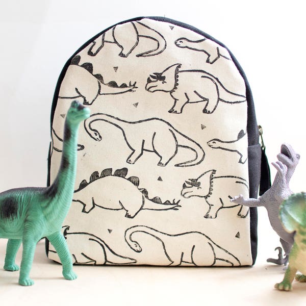 Toddler Backpack, Hand Stamped, Dinosaur, Monochrome, Kids Backpack