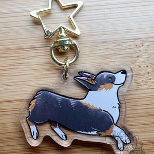 Pembroke Welsh Corgi Dog (black headed tricolor, no tail) Acrylic Keychain | star clasp vograce kawaii double sided dog lover gift charm