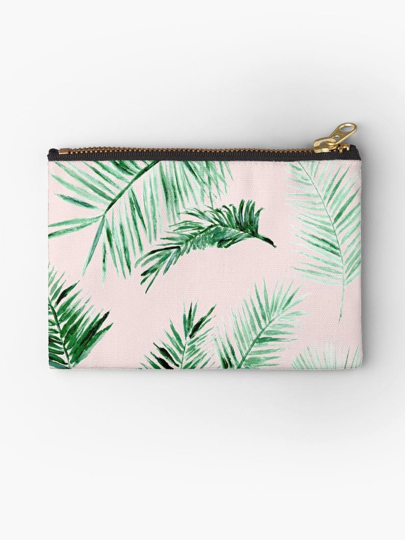 Pink Palm Leaf Makeup Bag palm leaf pouch pink makeup bag palm leaves pouch bridesmaid pouch blush pink pouch