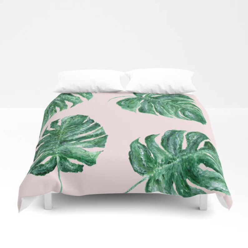 Pink Leaf Duvet Cover Monstera Duvet Pink Leaf Duvet Palm Etsy