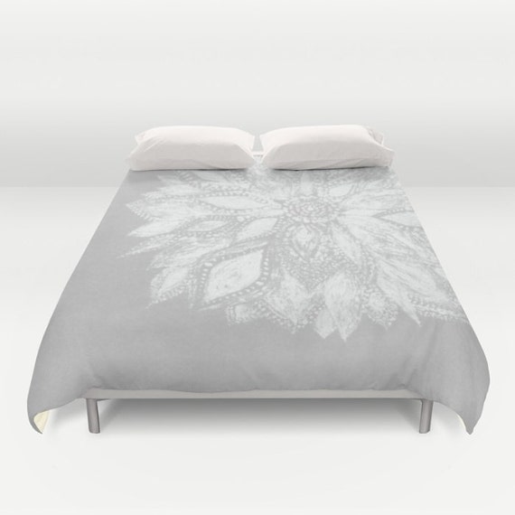 Grey White Flower Duvet Cover Grey Duvet Cover Gray Duvet Etsy