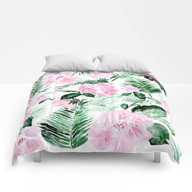 Pink Floral Palm Leaf Comforter Palm Leaf Bedding Palm Leaf Etsy