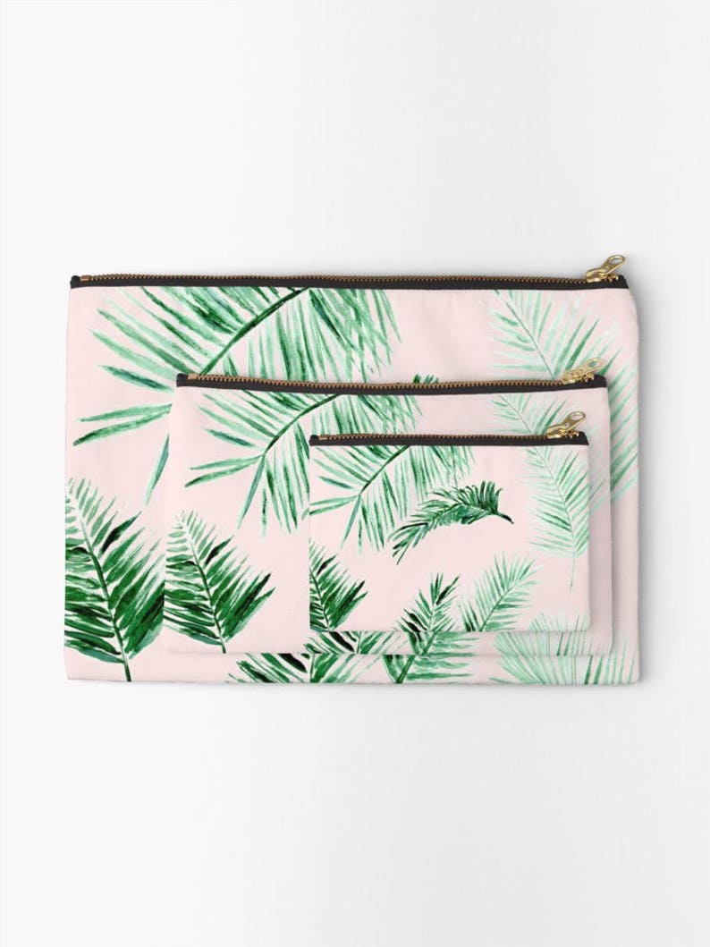 Pink Palm Leaf Makeup Bag palm leaf pouch pink makeup bag palm leaves pouch bridesmaid pouch blush pink pouch