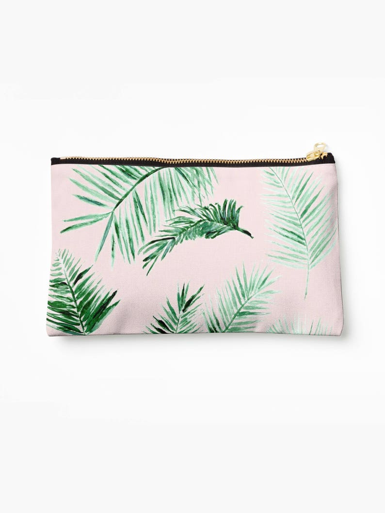 Pink Palm Leaf Makeup Bag palm leaf pouch pink makeup bag palm leaves pouch bridesmaid pouch blush pink pouch