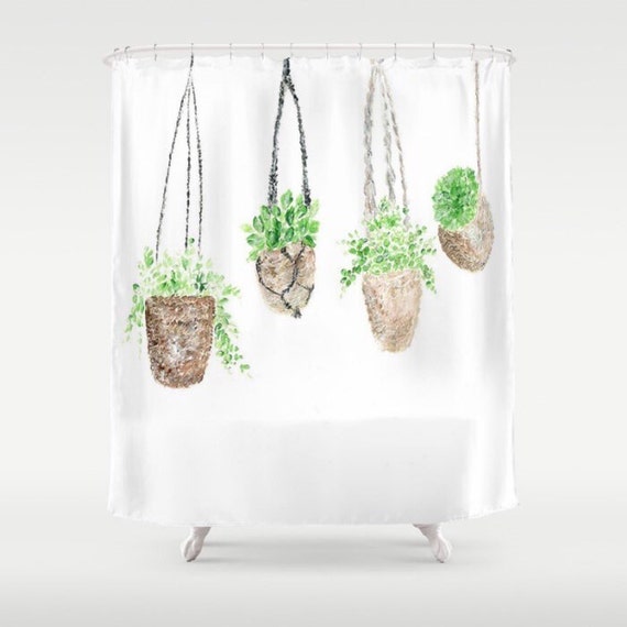 Hanging Plant Shower Curtain botanical shower green white Etsy