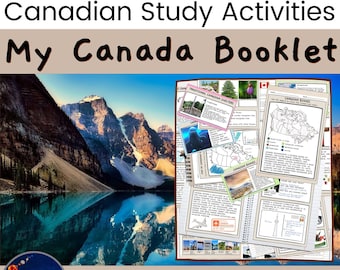 May include: A colorful booklet titled "My Canada Booklet" with a mountain lake scene on the cover. The booklet is designed for grades 4-6 and includes activities for social studies and language arts. The booklet is created by Minkybubs Montessori.
