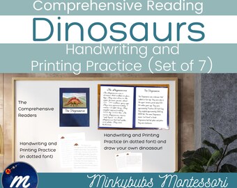 May include: A set of seven printable dinosaur-themed handwriting and printing practice worksheets. The worksheets feature a colorful illustration of a Stegosaurus and text about the dinosaur. The text includes the words "The Comprehensive Readers", "Handwriting and Printing Practice (in dotted font)", and "Minkybubs Montessori".