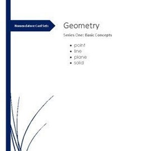 May include: A blue and white printable card set for teaching basic geometry concepts. The card set includes the terms "point", "line", "plane", and "solid".