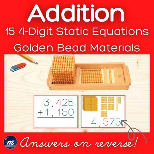 Montessori Math 4-Digit Static Addition with Golden Beads Cards Answers on Back