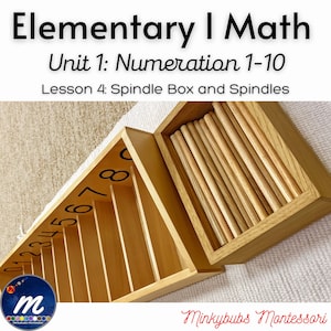 Op de afbeelding: Een houten spoelendoos met tien vakken die zijn gelabeld met de nummers 1 tot en met 9. De doos is open en bevat een set houten spoelen. De tekst "Elementary I Math" en "Unit 1: Numeration 1-10" is zichtbaar bovenaan de afbeelding. De tekst "Lesson 4: Spindle Box and Spindles" is zichtbaar onder de titel.