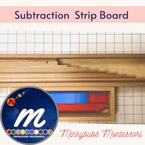 May include: A wooden subtraction strip board with a blue and red strip inside. The board has a number '2' and a number '1' on the top of the strip. The board is on a white and red grid background. The image also includes a logo with the letter 'M' and the text 'Minkybubs Montessori'.