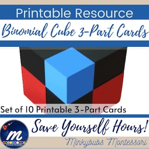 Puede incluir: Conjunto imprimible de 10 tarjetas de tres partes para aprender sobre cubos binomiales. Las tarjetas presentan un cubo azul, negro y rojo sobre un fondo blanco. El texto "Save Yourself Hours!" está escrito en cursiva negra. El texto "Minkybubs Montessori" está escrito en negro.