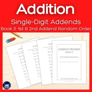 以下が含まれることがあります： 子供向けの印刷可能な足し算の冊子。冊子のタイトルは「Addition Booklet Book 3」で、「この冊子は～のもの」とあり、名前を書くための空白行があります。冊子は赤い線があり、「Both Addends Randomized」と書いてあります。