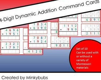 Montessori Addition Math Dynamic 4 Digit 10 Command Cards with Control of Error