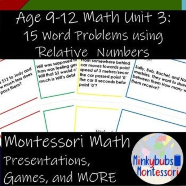 Montessori Math command cards only Relative Numbers Word Problems MATH 2 UNIT 3