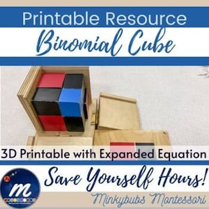 Puede incluir: Un cubo binomial imprimible en 3D con una ecuación expandida. El cubo está hecho de madera y tiene un esquema de colores rojo, azul y negro. El texto "Save Yourself Hours!" es visible en la imagen.