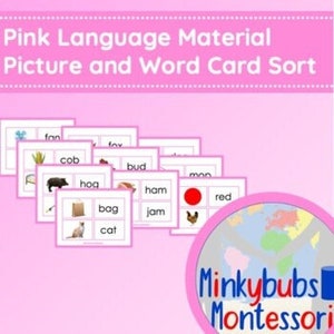 以下が含まれることがあります： ピンク色の言語学習用教材セット。ファン、コブ、ホッグ、バッグ、キャット、フォックス、バッド、ハム、ジャム、レッドの画像と単語カードが含まれています。「Pink Language Material Picture and Word Card Sort」のテキストが上部にあります。