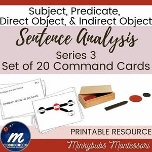 May include: A set of educational command cards for sentence analysis. The image shows a stack of printed cards, a wooden box, and several small, round, and rectangular objects. The text on the cards reads "Subject, Predicate, Direct Object, & Indirect Object" and "Sentence Analysis".