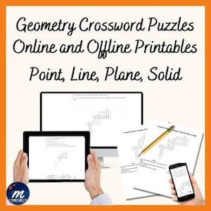May include: A digital illustration of a computer, tablet, and smartphone displaying printable geometry crossword puzzles. The text on the image reads "Geometry Crossword Puzzles Online and Offline Printables Point, Line, Plane, Solid".