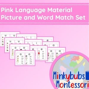 May include: Pink language material picture and word match set for early learning. The set includes cards with pictures and words for the letters A, E, I, O, and U.