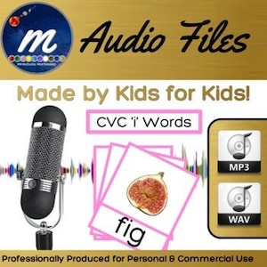 Può includere: Un microfono, un mazzo di carte rosa con la parola "fico" su una carta, e due icone di CD etichettate "MP3" e "WAV". Il testo "CVC 'I' Words" è sopra le carte. Il testo "Made by Kids for Kids!" è sopra il testo "CVC 'I' Words".